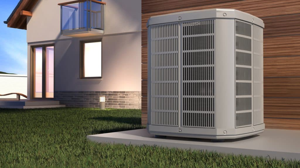 Air heat pump and house, 3D illustration